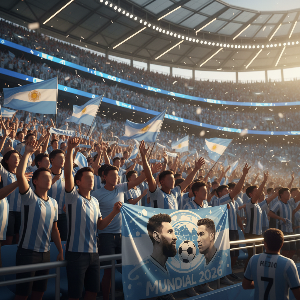 Estadio lleno durante un partido de cuartos de final del Mundial 2026 con público de pie en las tribunas y banderas en las gradas.